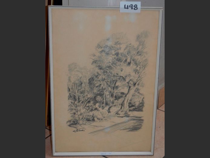 FRAMED & SIGNED PENCIL SKETCH "FOREST", 53 x 36cm