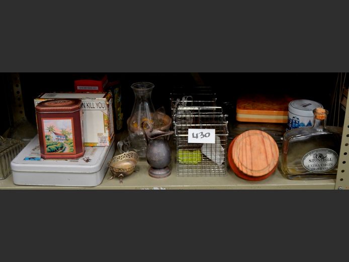 GLASS TAZZA STAND, STAINLESS STEEL SAUCE CADDIES, COLLECTABLE TINS, etc