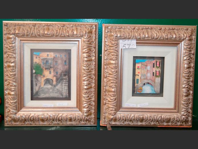PAIR FRAMED BOX ART "STONE HOUSE", 19 x 15cm & 15.5 x 11cm