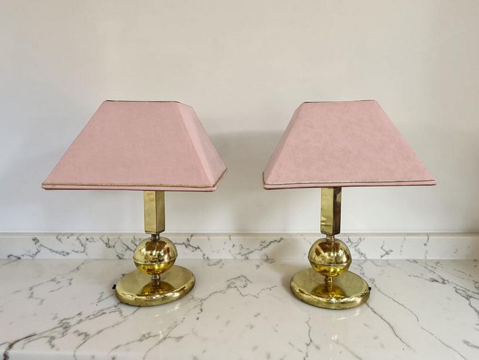 Vintage Art Deco Style Brass Table Lamps with Pink Shades