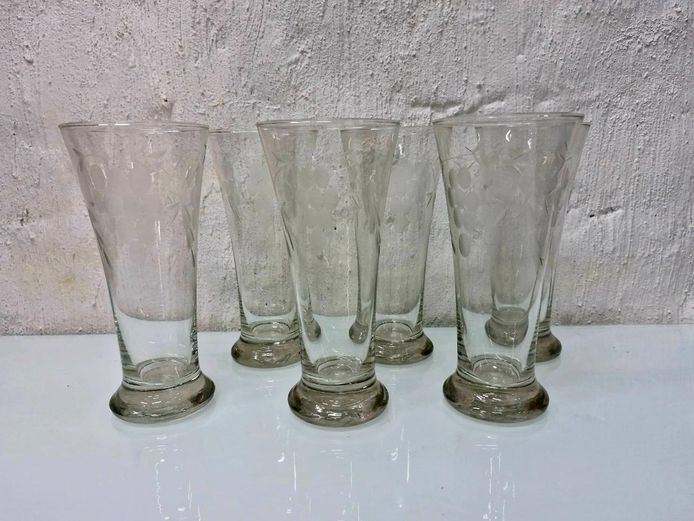 Set of 6 Etched Glass Pilsner / Parfait  - Grape & Vine Pattern