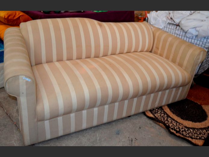 BEIGE & CREAM STRIPED UPHOLSTERED 2-SEATER COUCH, 180 x 95cm [Damaged, Needs a good clean]