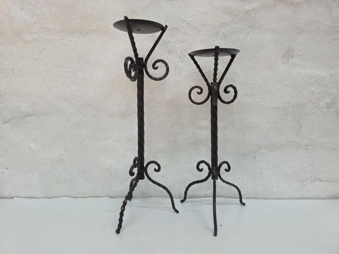 Pair of Vintage Wrought Iron Twisted Tripod Candle Stands