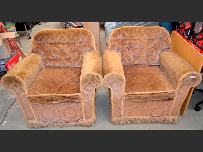 PAIR BROWN UPHOLSTERED ARMCHAIRS [Need some love]