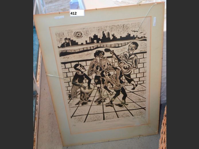 FRAMED, SIGNED & NUMBERED 20/75 LINOCUT PRINT BY FRANK T. BROWN, 61 x 46cm [Glass cracked]