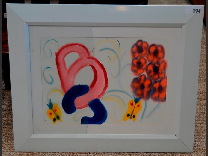 WHITE FRAMED WATERCOLOUR "BUTTERFLIES & FLOWERS", 47 x 42.5cm [Glass broken]