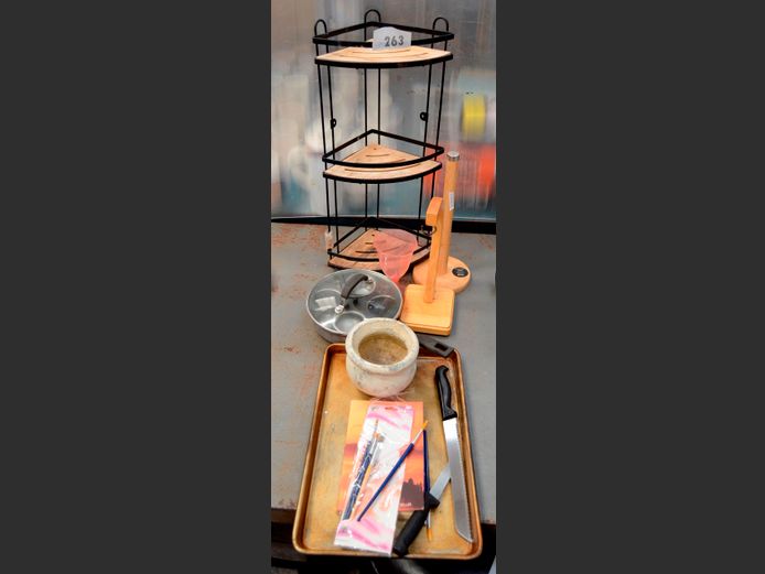 WOOD & METAL SPICE RACK, PAPER TOWEL HOLDER, KITCHEN AID, POACHING PAN, etc