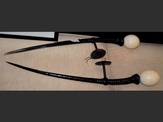 PAIR FAUX SABLE HORN WALL MOUNT LIGHTS WITH OSTRICH EGG SHELL SHADE, Average length = 93cm