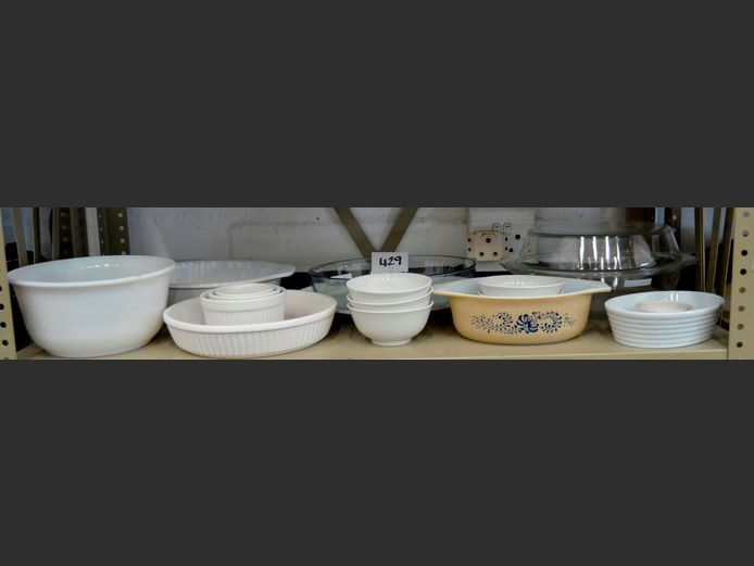 WHITE CERAMIC & GLASS CASSEROLES, RAMEKINS, PLATTER, etc
