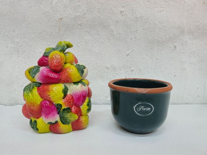 Vintage Ceramic Strawberry Lidded Jar & Small Ceramic Pot
