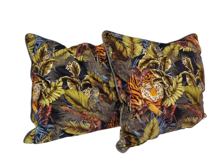Pair of Botanical Bengal Tiger Velvet Accent Cushions 60cm x 60cm