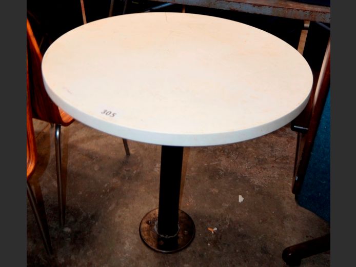CIRCULAR WHITE FLOOR MOUNT RESTAURANT TABLE, 80cm Diameter x 75cm High [Top cracked]