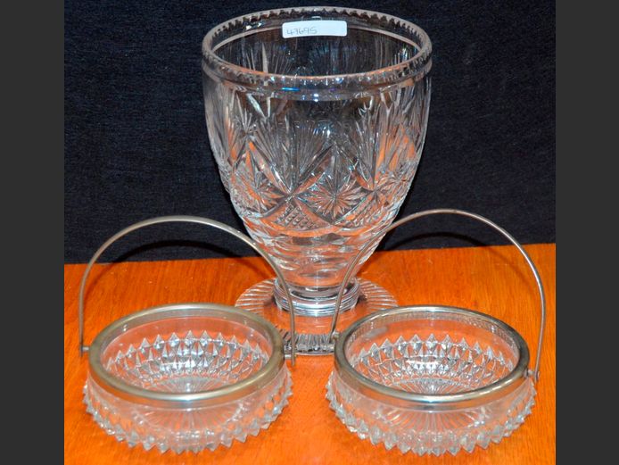 CUT GLASS VASE, 15cm Diameter x 21cm High, & PAIR VINTAGE CUT GLASS BASKETS WITH SILVER RIMS, 12cm Diameter x 5cm High