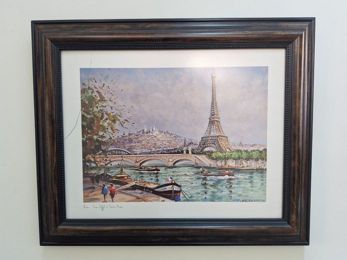 Parisian Seine River Scene: Eiffel Tower & Sacré-Cœur Lithograph