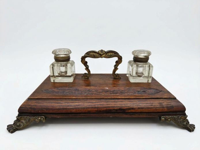 Victorian Oak and Brass Double Inkstand with Cut Glass Wells