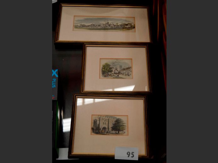 SET OF 3 FRAMED LITHOGRAPHS "CASTLES", 24 x 8cm, 11.5 x 6.5cm & 11.5 x 8.5cm