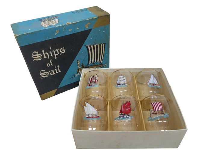 Vintage Dema Glass "Ships of Sail" 22K Gold-Rimmed Tumblers (Set of 6)