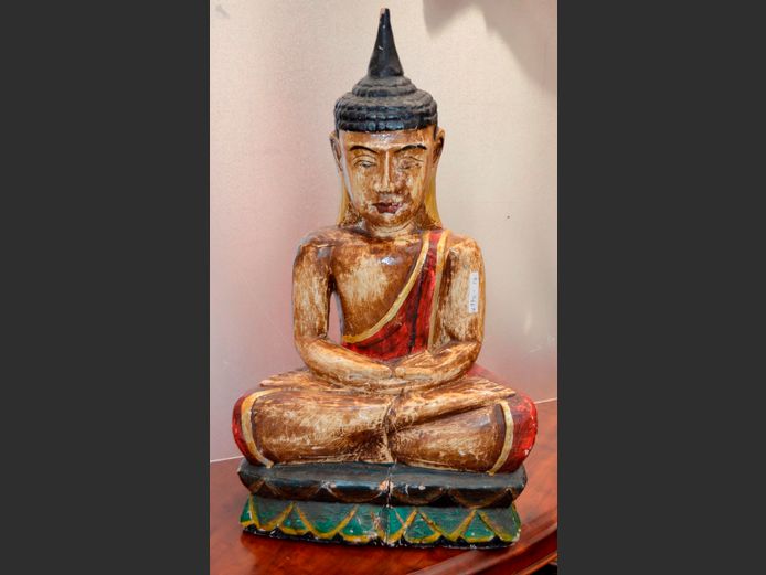 CARVED & PAINTED SEATED BUDDHA, 34 x 56cm [Crack to base]