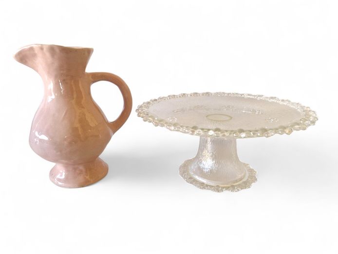 Pottery Jug & Vintage Cake Plate Stand