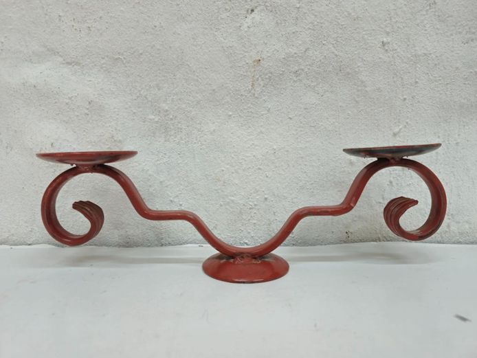 Vintage Red Painted Scroll Metal Double Pillar Candle Holder