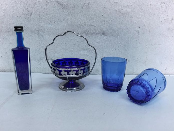 Cobalt Blue Glassware Lot: Basket, Bottle and Glasses