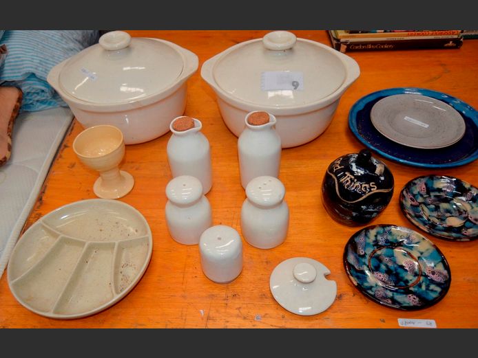 PAIR VEGETABLE DISHES WITH LIDS, SALT & PEPPER SHAKERS, etc