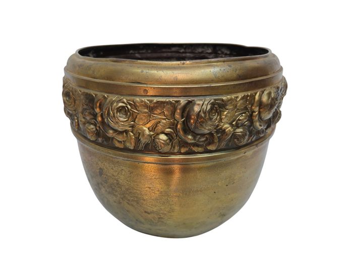 Antique Art Nouveau Relief-Carved Brass Rose Planter / Jardinère