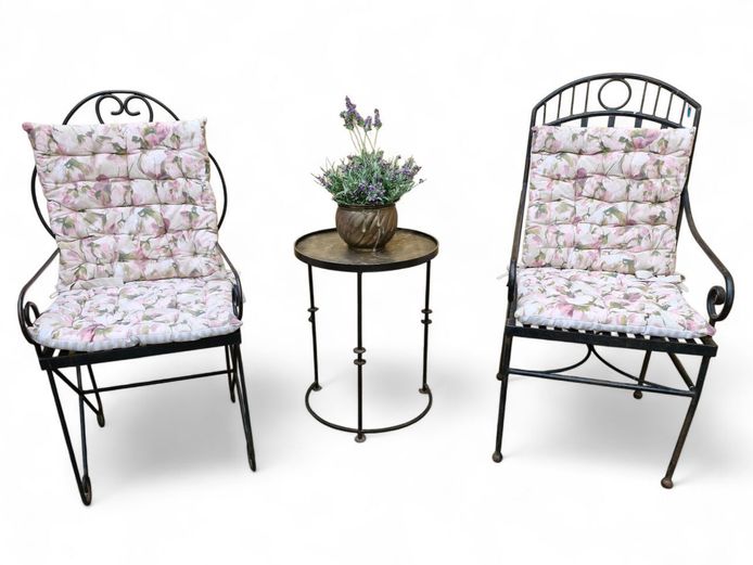 Outdoor Black Metal Armchairs, Side Table & Cushions