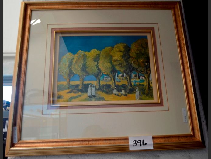 GILT FRAMED OIL ON BOARD "WHITE FIGURES UNDER TREES
", 31 x 23cm