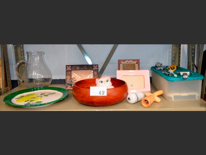 WOODEN BOWL, GLASS JUG, PHOTO FRAMES, etc