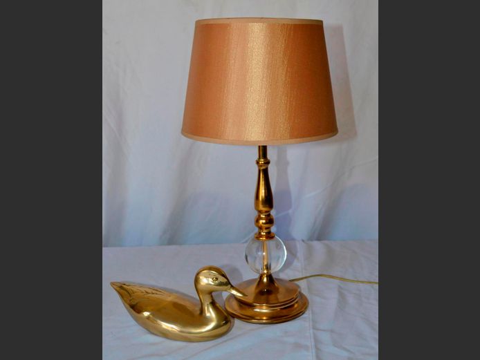 BRASS & PERSPEX LAMP WITH SHADE, 50cm High, & A BRASS DUCK, 25cm Long