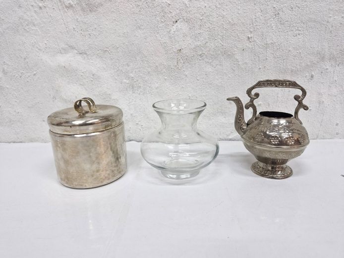 Vintage Metalwork & Glassware Trio: Jerusalem Teapot, Lidded Canister & Vase
