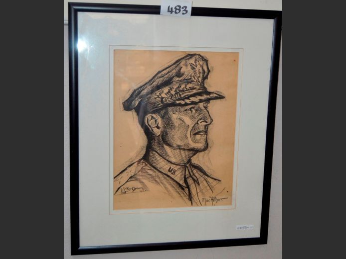 FRAMED CHARCOAL "SGT. E.S. KIRKBAM" SIGNED MACARTHUR, 38 x29cm