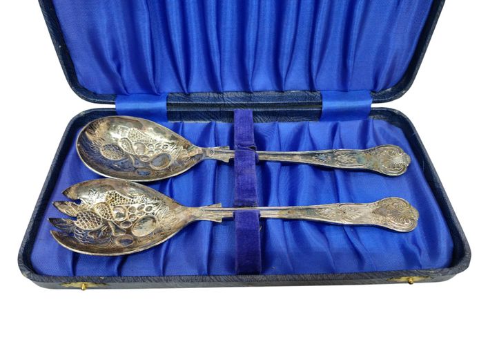 Vintage Cased Silver-Plated Fruit/Salad Serving Pair with Embossed Fruit Motif