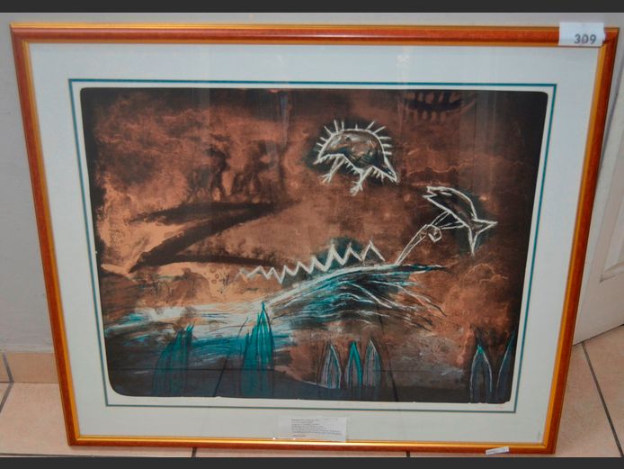 DARKWOOD FRAMED PAINTING SIGNED VEERLE ROOMS, 79 x 63cm