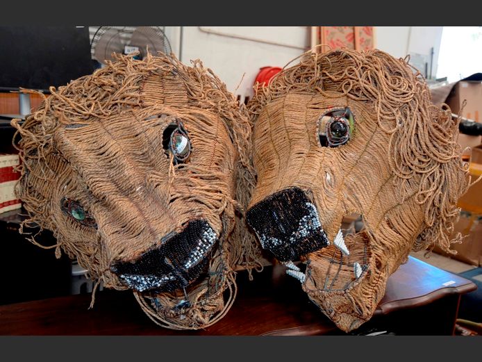 PAIR WOVEN WALL MOUNT LION HEADS