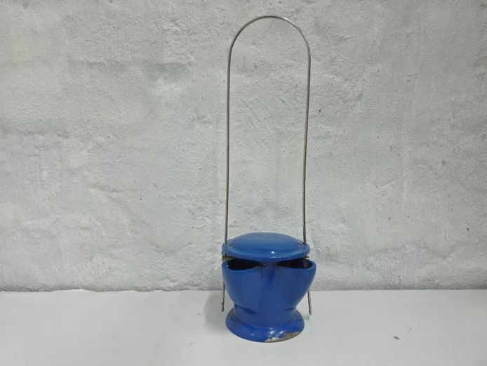 Vintage Blue Enamelled Metal Standing Ashtray with Long Handle