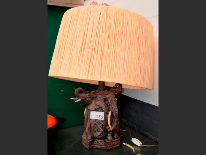 ELEPHANT TABLE LAMP WITH STRAW SHADE [Some tusks needed, fitting needs replacing]