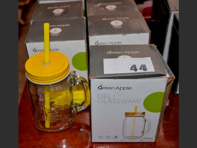 LOT OF 7: GREEN APPLE GLASS JARS WITH STRAWS