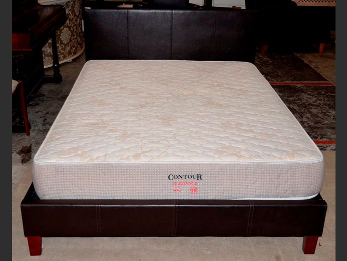 BROWN LEATHER TOUCH DOUBLE BED WITH MATTRESS