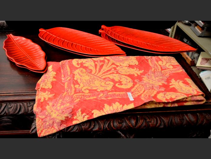 ORANGE PAINTED LEAF PLATTERS & A TABLE RUNNER
