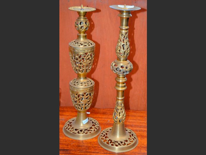 LOT OF 2: PIERCED BRASS CANDLE STANDS, 45cm High & 44cm High