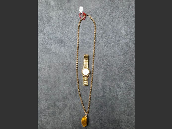 LAMONTRE LADIES WRIST WATCH & GOLD CHAIN WITH TIGERS EYE PENDANT