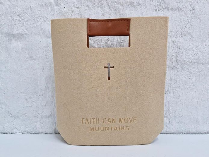 Beige Felt Tote Bag with Handle & Cross Detail