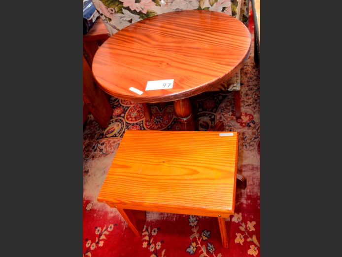 CIRCULAR PINE SIDE TABLE & A PINE STOOL, 49cm Diameter x 62cm High & 42 x 30 x 32cm