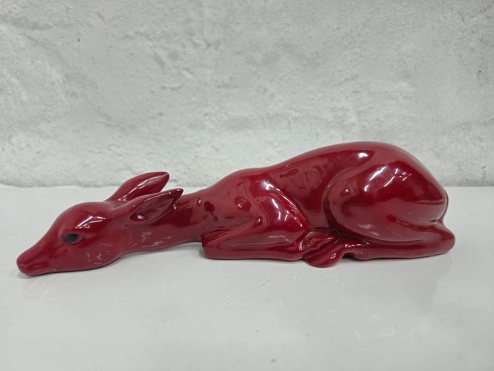 Burgundy Red Ceramic Reclining Deer Figurine