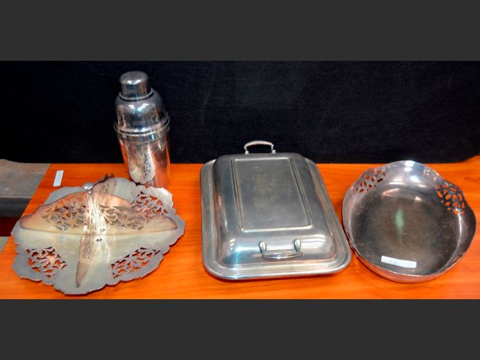 SILVER PLATE: PIERCED BOWL, SERVING DISH WITH LID, COCKTAIL SHAKER, etc