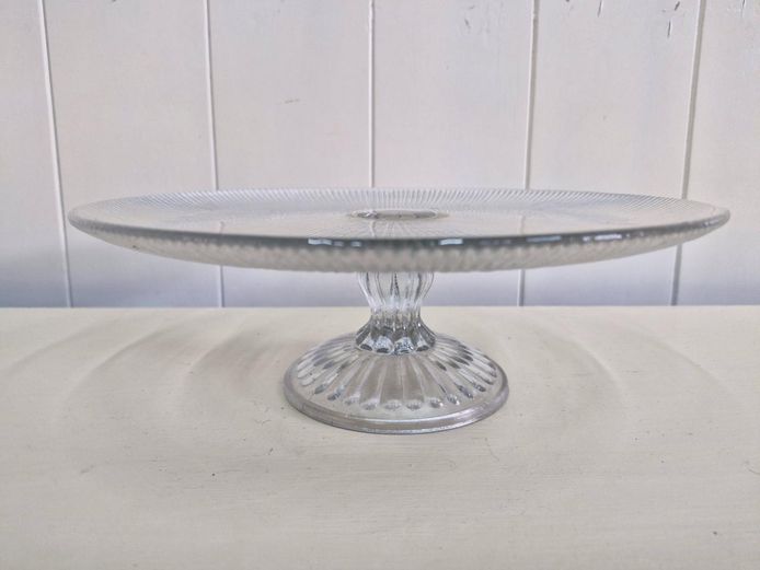 Glass Pedestal Cake Stand - Ribbed Sunburst Design