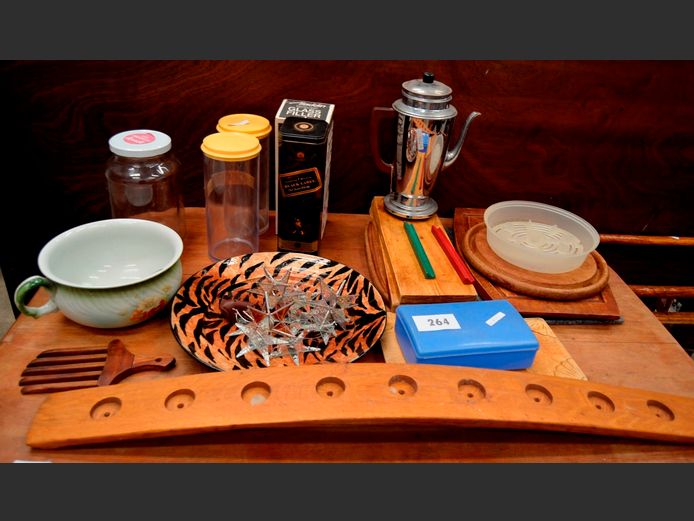 VINTAGE COFFEE POT, CHOPPING BOARDS, CANDLE STAND, etc