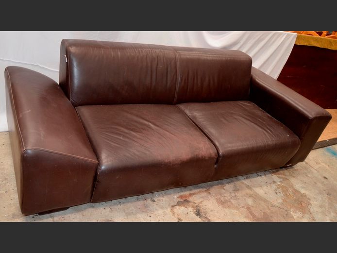 BROWN LEATHER 2-SEATER COUCH, 230 x 100cm [Needs a polish]